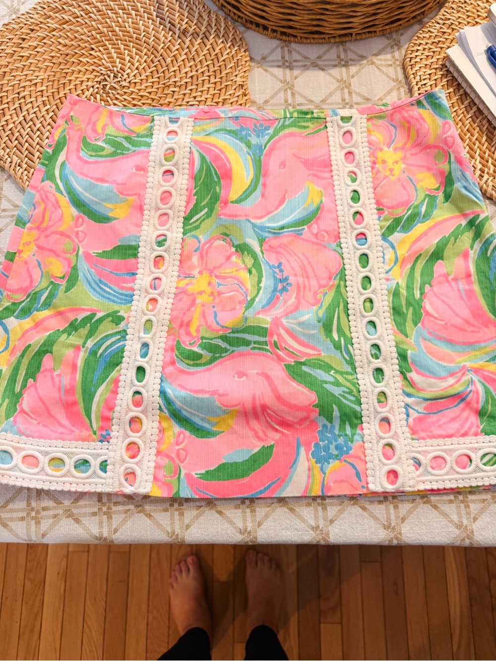 Lilly Pulitzer Pink Green Floral Eyelet Trim Mini Skirt